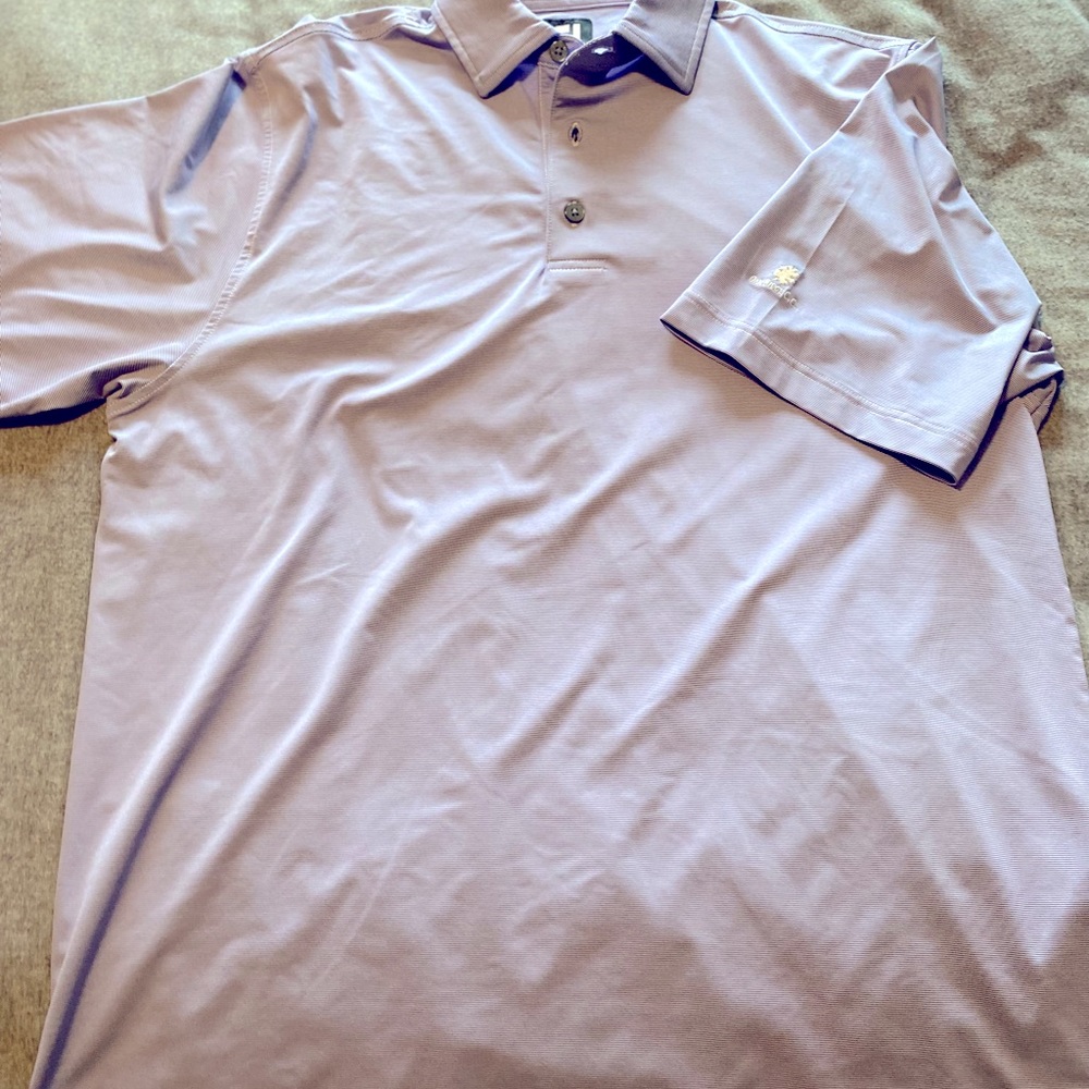 Footjoy Mens Golf Polo, purple and white striped, has course on L sleeve…men’s M
